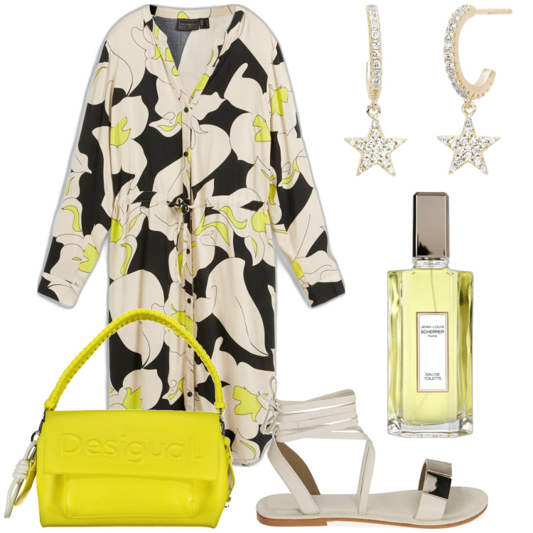 Outfit donna - Abito chemisier per il giorno. Stile Casual chic per Tutti i giorni. Abbinamento con vestiti chemisier, profumi, orecchini, sandali in pelle, borse a spalla.