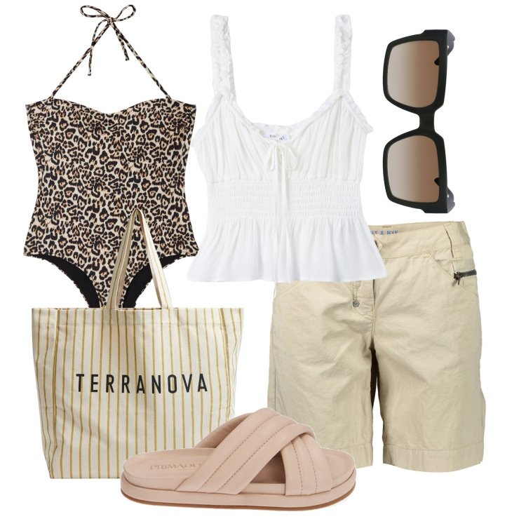 Outfit donna - Animalier al mare. Stile Casual chic per Mare. Abbinamento con costumi interi, borse tote, top, ciabatte, bermuda, occhiali da sole.