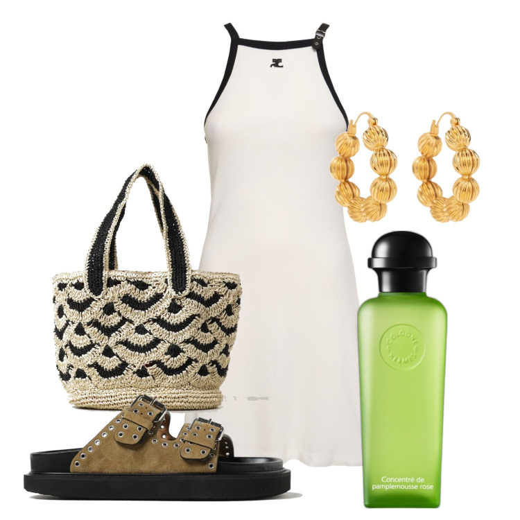 Outfit donna - Perfetta. Stile Minimal per Tutti i giorni. Abbinamento con orecchini, profumi, sandali in pelle, vestiti, borse a mano.