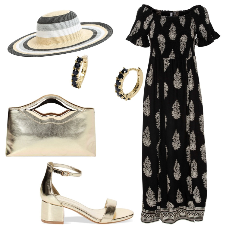 Outfit donna - Total look #1894866. Stile Glamour per Serata fuori. Abbinamento con vestiti, orecchini, pochette, sandali col tacco, cappelli.