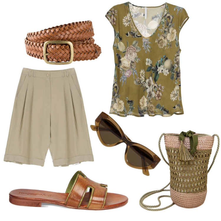 Outfit donna - Al mercato con stile. Stile Casual chic per Tutti i giorni. Abbinamento con cinture, bermuda, canottiere, borse a secchiello, sandali, occhiali da sole.