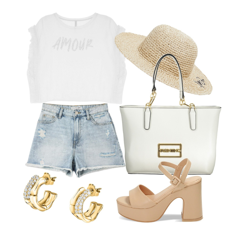 Outfit donna - Ghost outfitter - giugno. Stile Casual per Tutti i giorni. Abbinamento con orecchini, shorts, t-shirt, sandali col tacco, cappelli, borse a spalla.