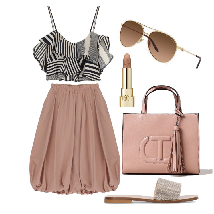 Outfit donna - Ghost outfitter - giugno. Stile Bon Ton per Tutti i giorni. Abbinamento con rossetti, gonne longuette, top, occhiali da sole, borse a mano, ciabatte.