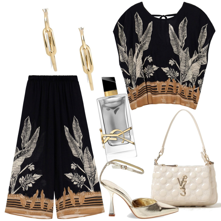 Outfit donna - Total look #1894913. Stile Chic per Serata fuori. Abbinamento con profumi, pantaloni a palazzo, bluse, décolleté, orecchini, borse a spalla.