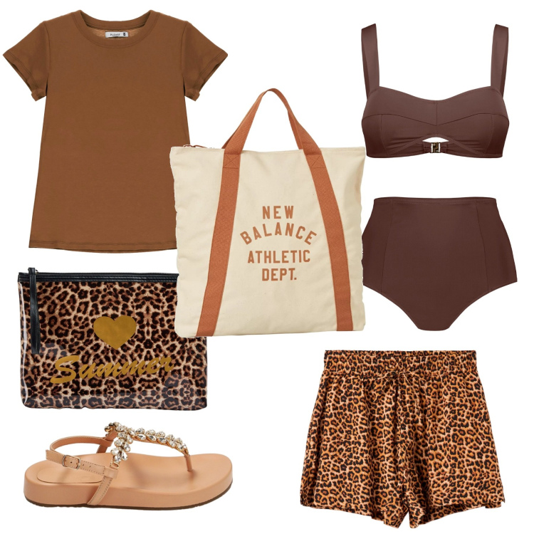Outfit donna - Shorts leopardati. Stile Casual chic per Mare. Abbinamento con shorts, costumi, borse a mano, t-shirt, ciabatte, bikini.