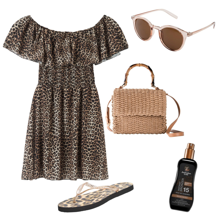 Outfit donna - Total look. Stile Trendy per Tutti i giorni. Abbinamento con occhiali da sole, borse a mano, terre, vestiti corti, infradito.