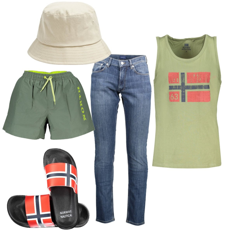Outfit uomo - Total look #1894931. Stile Casual per Mare. Abbinamento con cappelli, sandali, jeans slim fit, canottiere, costumi.