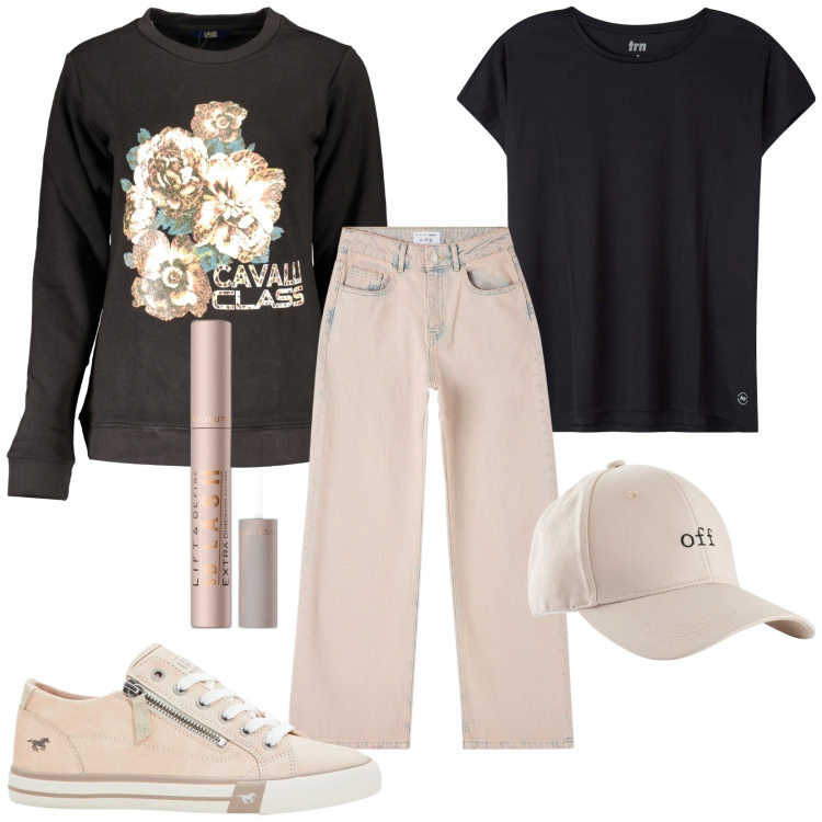 Outfit donna - Total look #1894934. Stile Casual per Tutti i giorni. Abbinamento con cappelli con visiera, sneakers, mascara, t-shirt sportive, jeans, felpe.