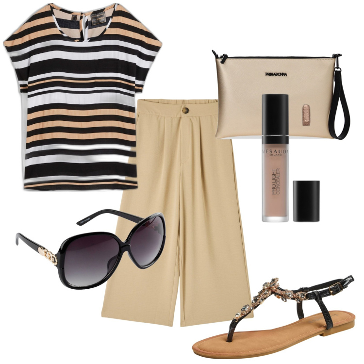 Outfit donna - Total look #1894938. Stile Casual chic per Tutti i giorni. Abbinamento con occhiali da sole, tuniche, correttori, pantaloni a palazzo, sandali gioiello, valigie.