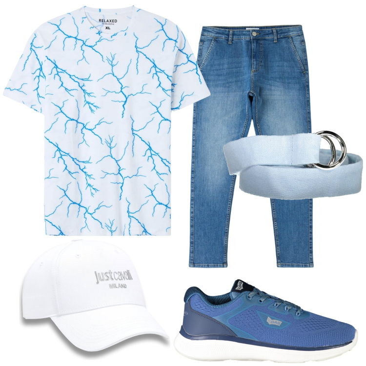 Outfit uomo - Total look #1894949. Stile Urban per Tutti i giorni. Abbinamento con t-shirt, jeans skinny, sneakers, cappelli con visiera, cinture.