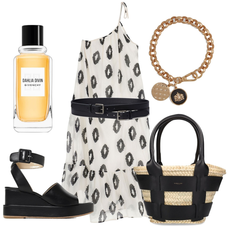 Outfit donna - Il nero anche in estate. Stile Rock per Tutti i giorni. Abbinamento con profumi, vestiti lunghi, cinture, braccialetti con ciondoli, sandali in pelle, shopping bag.