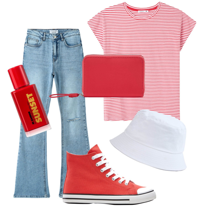 Outfit donna - Total look #1894957. Stile Urban per Tutti i giorni. Abbinamento con sneakers alte, profumi, portafogli, jeans a zampa, cappelli, t-shirt.
