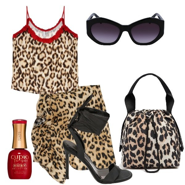 Outfit donna - Animalier summer. Stile Sexy per Tutti i giorni. Abbinamento con smalti, canottiere, sandali col tacco, minigonne, borse a mano, occhiali da sole.