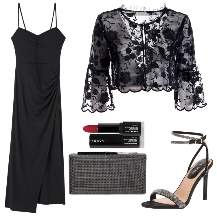 Outfit donna - Fiori e luccichii. Stile Sexy per Cerimonia. Abbinamento con rossetti, vestiti lunghi, sandali col tacco, blazer, clutch.