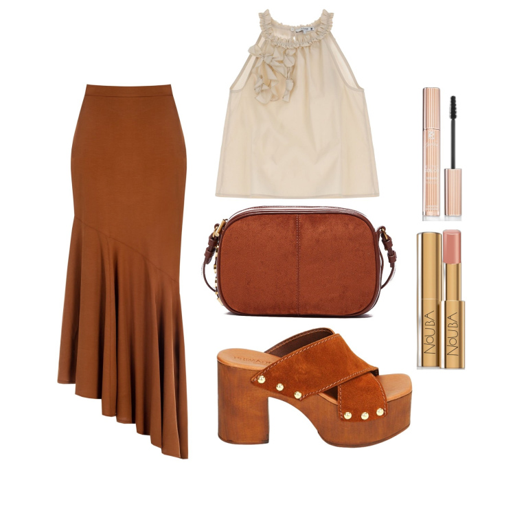 Outfit donna - Ghost outfitter - giugno. Stile Trendy per Tutti i giorni. Abbinamento con mascara, rossetti, canottiere, gonne, sandali col tacco, borse a tracolla.