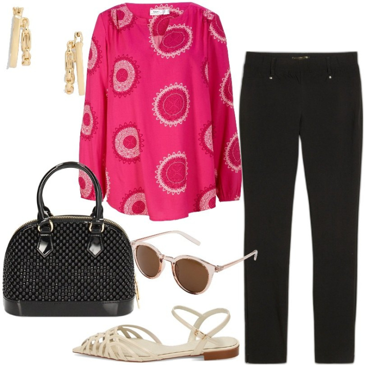 Outfit donna - Pantaloni che slanciano. Stile Casual per Tutti i giorni. Abbinamento con occhiali da sole, pantaloni, tuniche, borse a mano, ballerine, orecchini.
