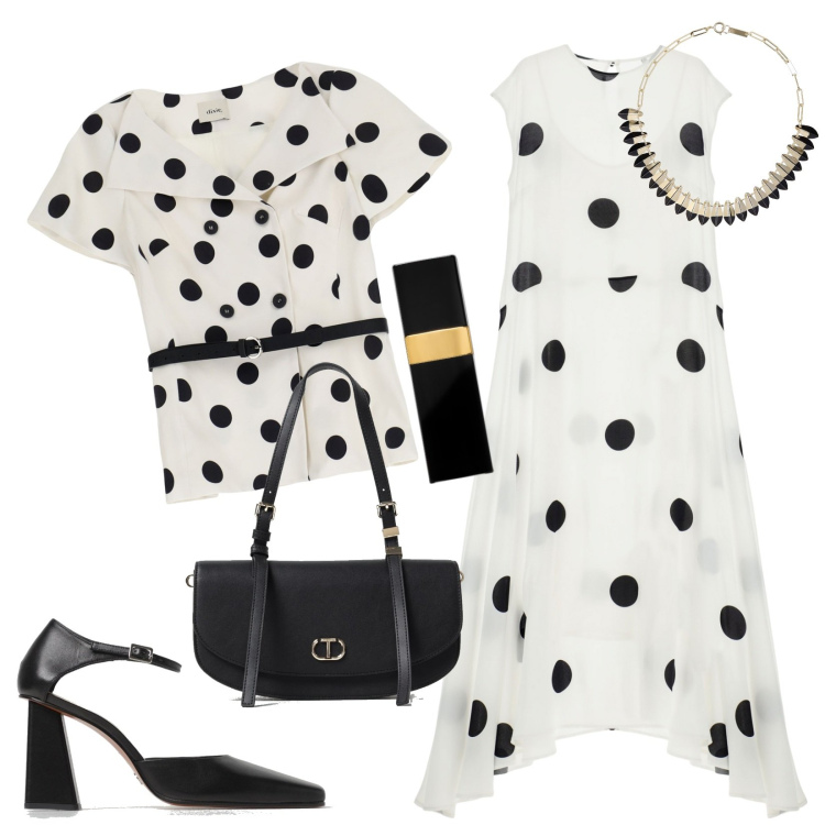 Outfit donna - Total look #1895037. Stile Chic per Cerimonia. look ideale per Tall. Abbinamento con profumi, vestiti lunghi, blazer, borse a spalla, collane, décolleté.