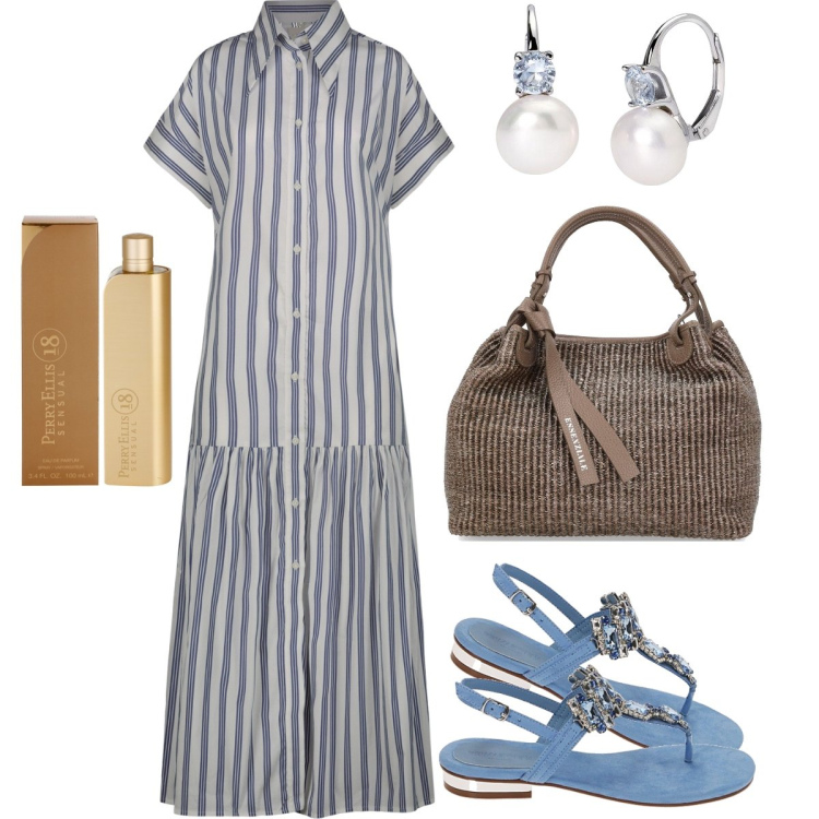 Outfit donna - Il chemisier lungo. Stile Casual chic per Ufficio. Abbinamento con profumi, orecchini, ciabatte, vestiti chemisier, shopping bag.