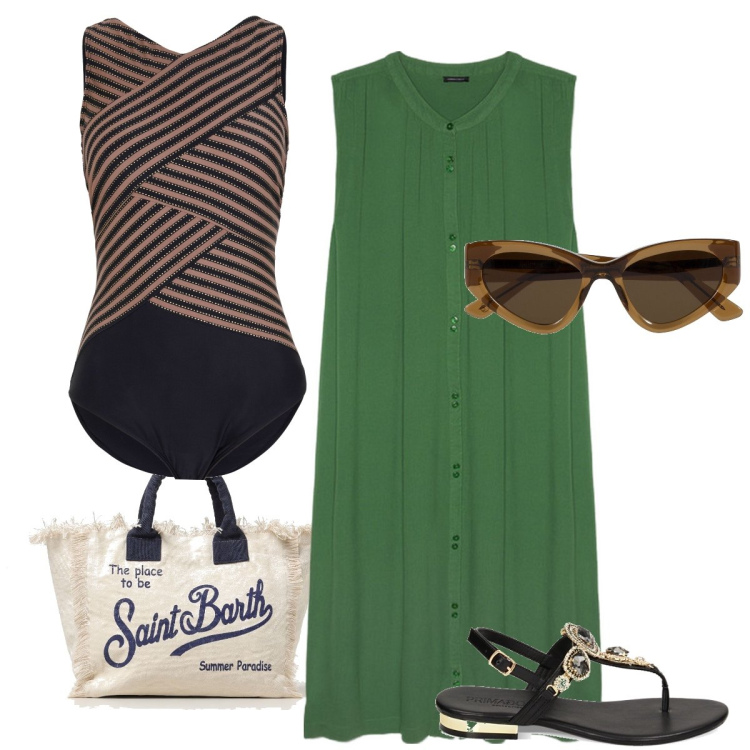 Outfit donna - In spiaggia al mattino presto. Stile Bon Ton per Mare. Abbinamento con costumi interi, ciabatte, vestiti lunghi, borse tote, occhiali da sole.