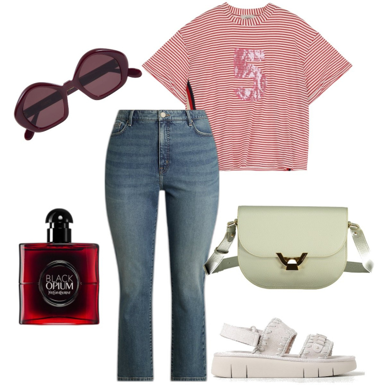 Outfit donna - Al centro estivo. Stile Casual per Scuola/Università. Abbinamento con profumi, t-shirt, jeans dritti, sandali, occhiali da sole, borse a tracolla.