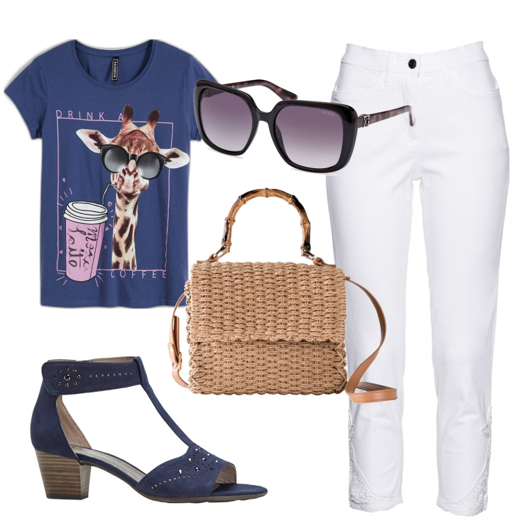 Outfit donna - giraffa. Stile Minimal per Tutti i giorni. Abbinamento con t-shirt, jeans, borse a mano, sandali col tacco, occhiali da sole.