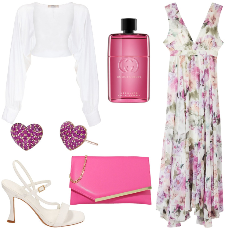 Outfit donna - Il vestito romantico. Stile Romantica per Serata fuori. Abbinamento con profumi, vestiti lunghi, orecchini, blazer, pochette, sandali col tacco.