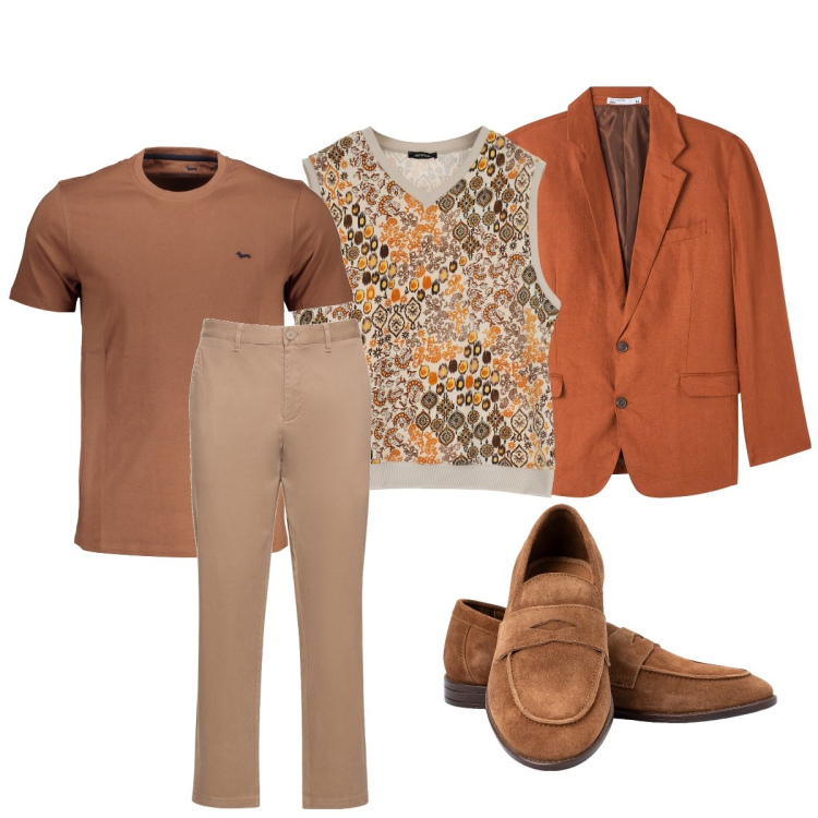 Outfit uomo - Mezza stagione in città. Stile Trendy per Tutti i giorni. Abbinamento con giacche, gilet, pantaloni chino, t-shirt, scarpe stringate.