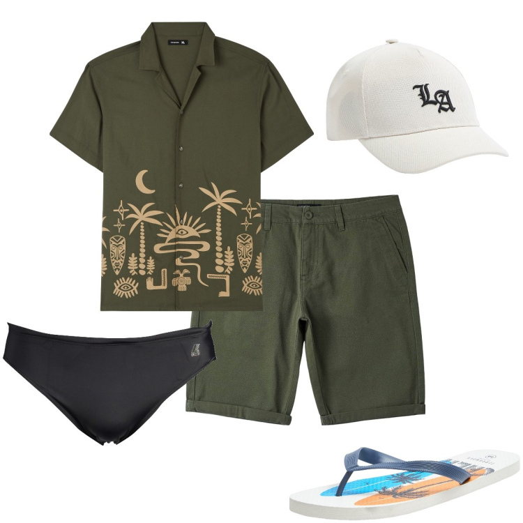 Outfit uomo - Comodamente in spiaggia. Stile Casual per Mare. Abbinamento con camicie a manica corta, sandali, cappelli, bermuda, costumi.