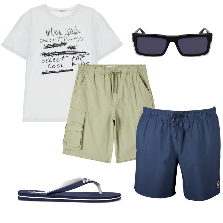 Outfit uomo - Pronto per il tuffo. Stile Casual per Mare. Abbinamento con pantaloni corti, t-shirt, sandali, costumi, occhiali da sole.