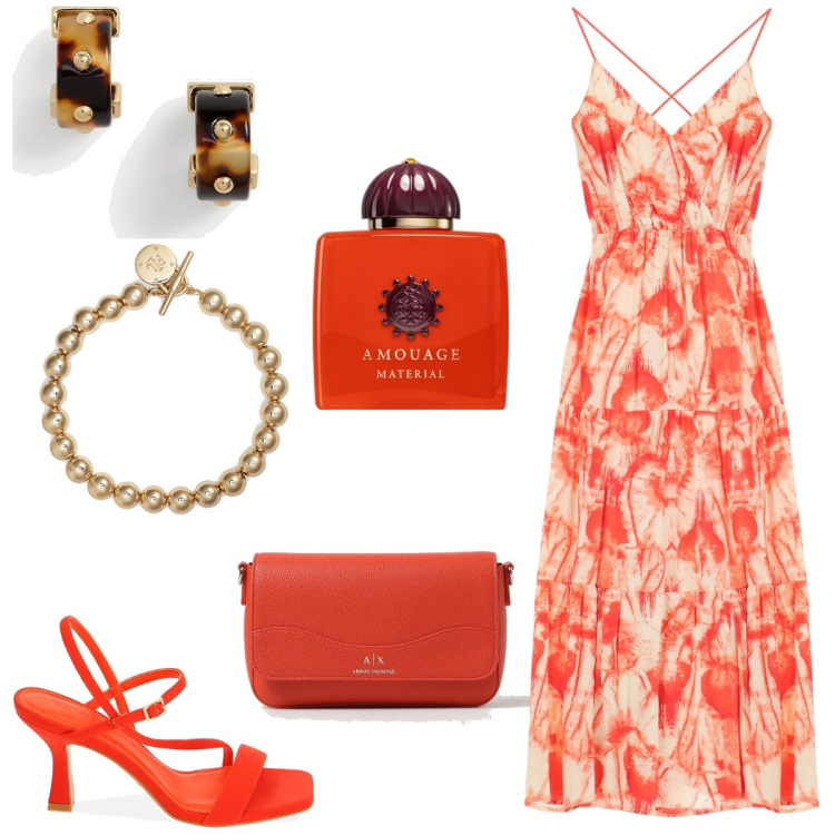 Outfit donna - Serata fuori. Stile Sexy per Serata fuori. Abbinamento con profumi, vestiti lunghi, sandali col tacco, braccialetti, orecchini, borse a tracolla.