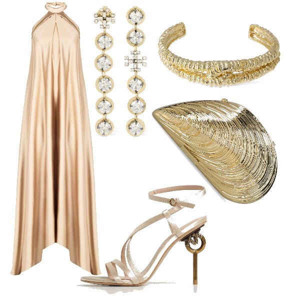 Outfit donna - il fascino dell\'oro. Stile Chic per Serata fuori. Abbinamento con vestiti lunghi, pochette, sandali col tacco, orecchini, braccialetti.