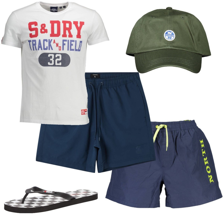 Outfit uomo - Sotto l’ombrellone. Stile Casual per Mare. Abbinamento con sandali, bermuda, cappelli con visiera, costumi, t-shirt.