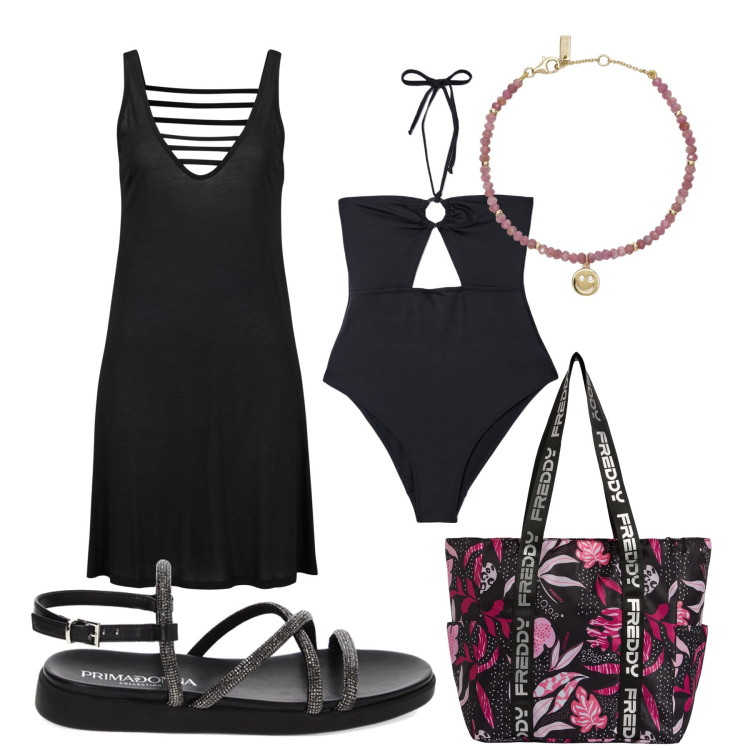 Outfit donna - Total look #1895111. Stile Chic per Mare. Abbinamento con vestiti da spiaggia, braccialetti, costumi interi, shopping bag, sandali gioiello.