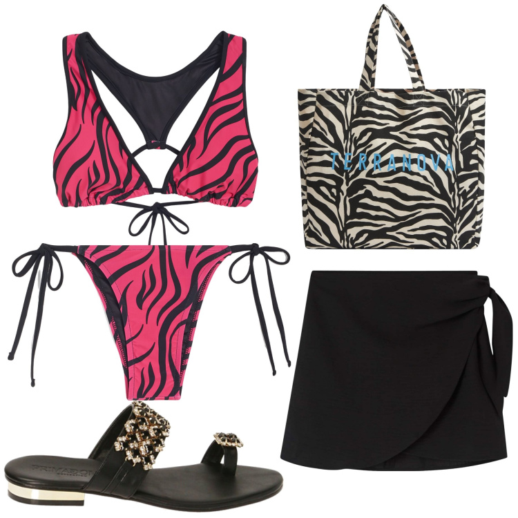 Outfit donna - Total look #1895113. Stile Glamour per Mare. Abbinamento con borse tote, vestiti da spiaggia, bikini, bikini, sandali gioiello.