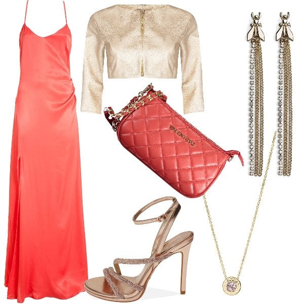 Outfit donna - rosso di sera..... Stile Romantica per Cerimonia. Abbinamento con collane, orecchini, bolero, vestiti lunghi, sandali gioiello, borse a spalla.