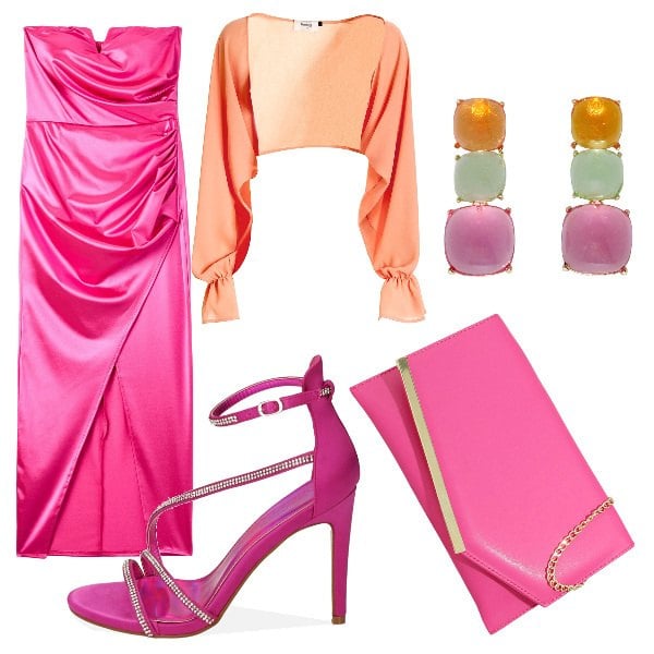 Outfit donna - Esplosione di colori. Stile Sexy per Serata fuori. Abbinamento con vestiti lunghi, pochette, blazer, orecchini, sandali col tacco.
