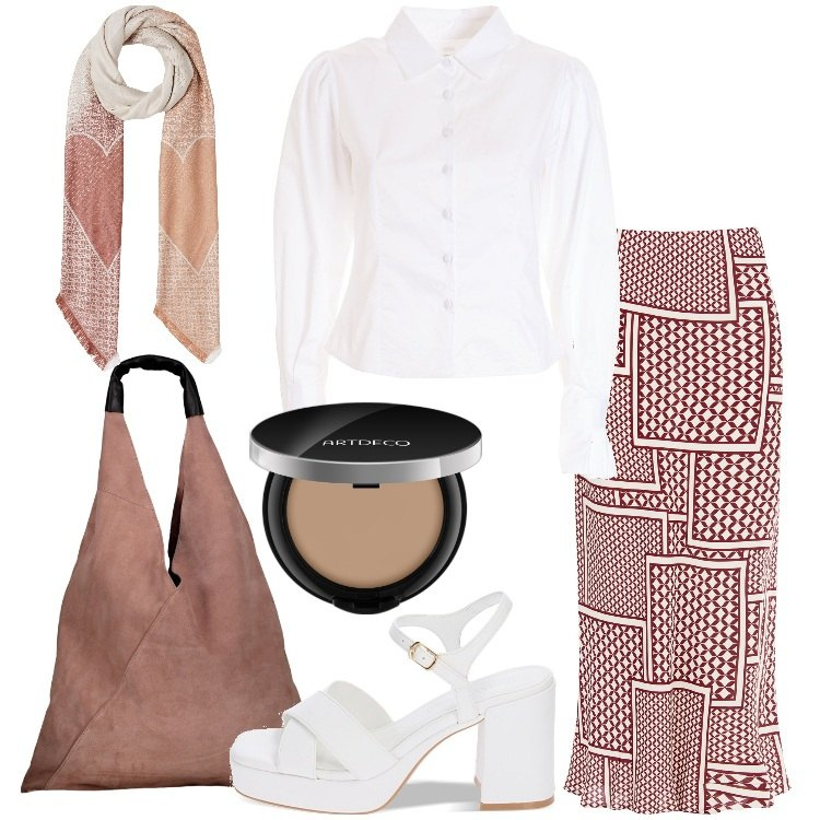 Outfit donna - Over 50. Stile Casual chic per Ufficio. Abbinamento con ciprie, gonne lunghe, camicie, sandali col tacco, borse a spalla, foulard.