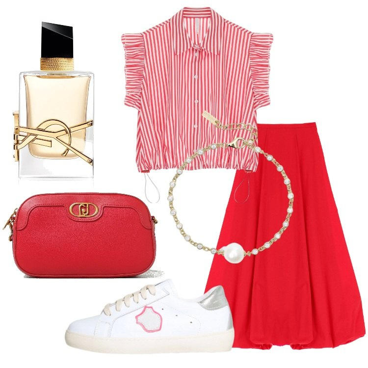 Outfit donna - New Bon Ton. Stile Bon Ton per Scuola/Università. Abbinamento con profumi, braccialetti, gonne lunghe, camicie a manica corta, sneakers, borse a tracolla.