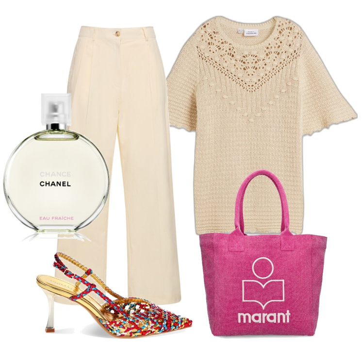 Outfit donna - In città. Stile Bon Ton per Tutti i giorni. Abbinamento con maglieria, profumi, décolleté, pantaloni chino, shopping bag.