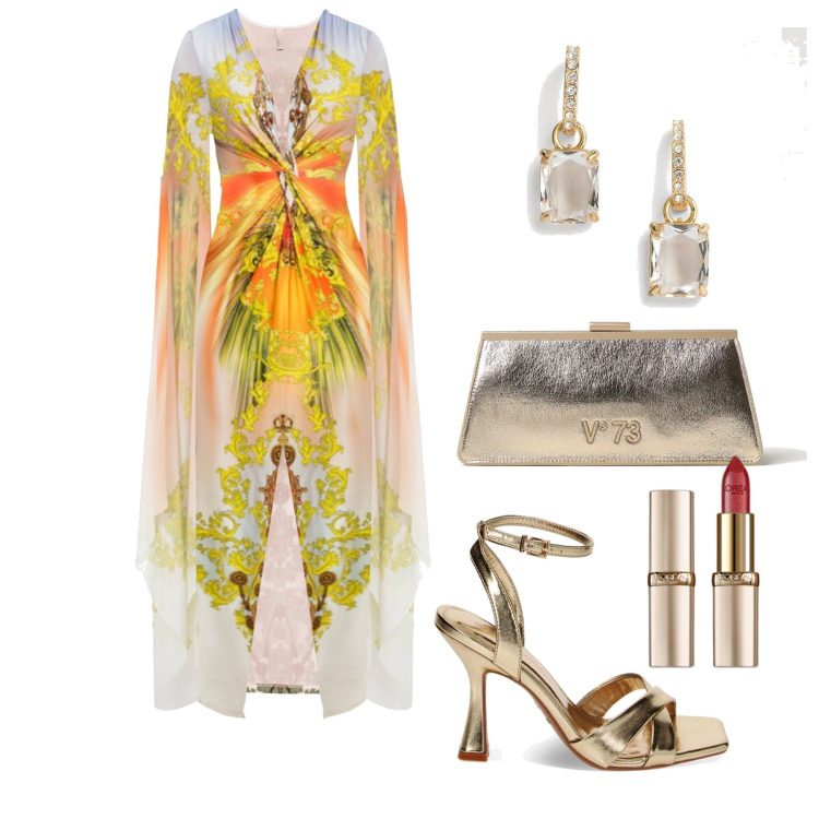 Outfit donna - Ghost outfitter - giugno. Stile Romantica per Cerimonia. Abbinamento con vestiti lunghi, rossetti, sandali col tacco, orecchini, clutch.