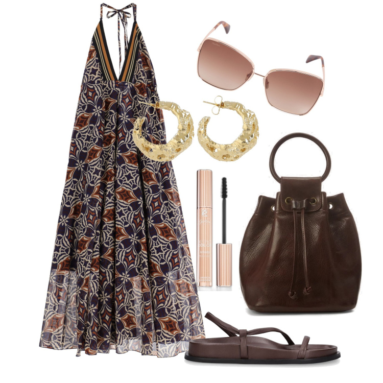 Outfit donna - Ghost outfitter - giugno. Stile Boho per Tutti i giorni. Abbinamento con mascara, vestiti lunghi, borse a secchiello, sandali in pelle, orecchini, occhiali da sole.