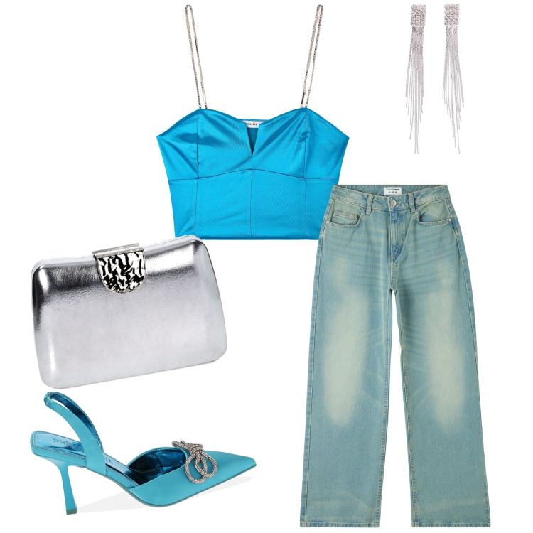 Outfit donna - Corsetto e stiletto e il jeans e’ serale. Stile Glamour per Serata fuori. Abbinamento con orecchini, jeans, top, décolleté, clutch.