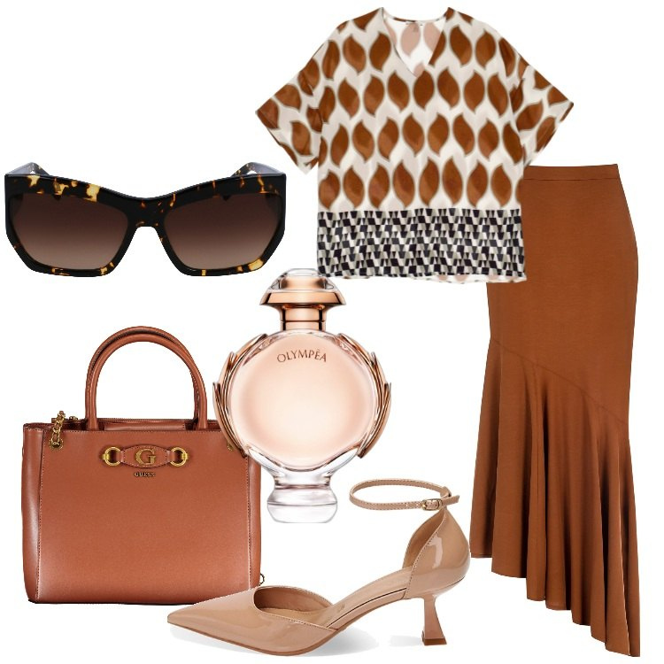 Outfit donna - Classica in ufficio. Stile Bon Ton per Ufficio. Abbinamento con profumi, gonne, décolleté, bluse, occhiali da sole, borse a spalla.
