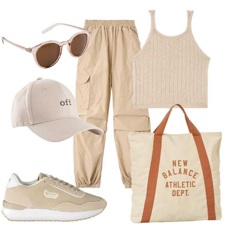 Outfit donna - Total look #1895205. Stile Casual per Tutti i giorni. Abbinamento con occhiali da sole, cappelli con visiera, pantaloni, top, borse a mano, sneakers.