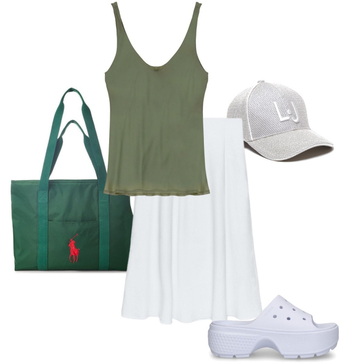 Outfit donna - Sentirsi comode. Stile Basic per Tutti i giorni. Abbinamento con canottiere, borse tote, ciabatte, gonne, cappelli.