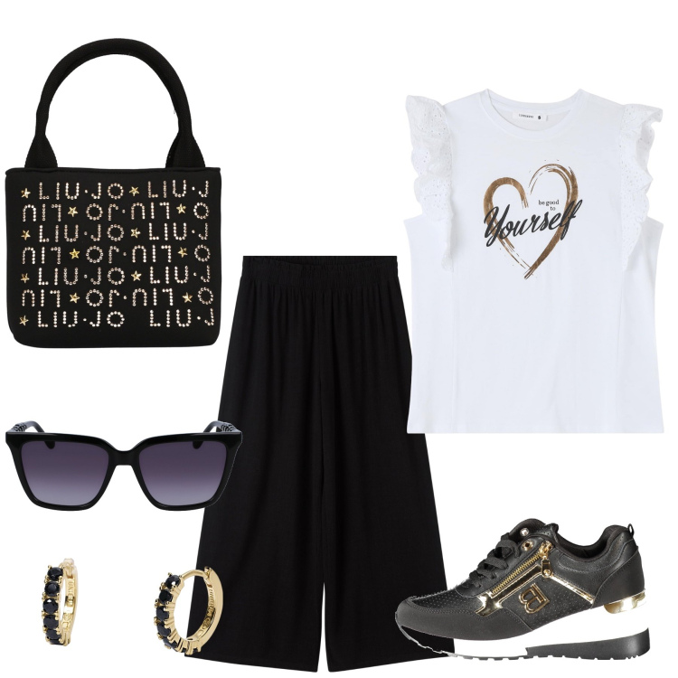 Outfit donna - Total look #1895250. Stile Casual per Ufficio. Abbinamento con pantaloni, t-shirt, orecchini, borse a mano, occhiali da sole, sneakers.