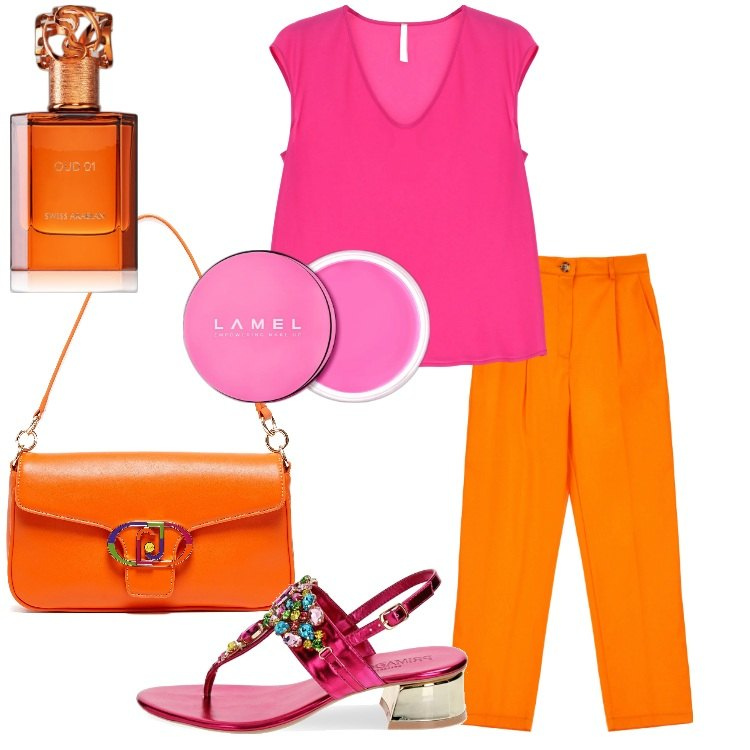Outfit donna - Arancione e fucsia. Stile Trendy per Tutti i giorni. Abbinamento con blush, profumi, canottiere, ciabatte, pantaloni, borse a tracolla.