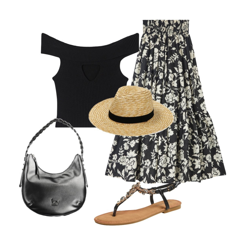 Outfit donna - Total look #1895256. Stile Casual chic per Tutti i giorni. Abbinamento con gonne lunghe, top, sandali gioiello, cappelli, borse a spalla.