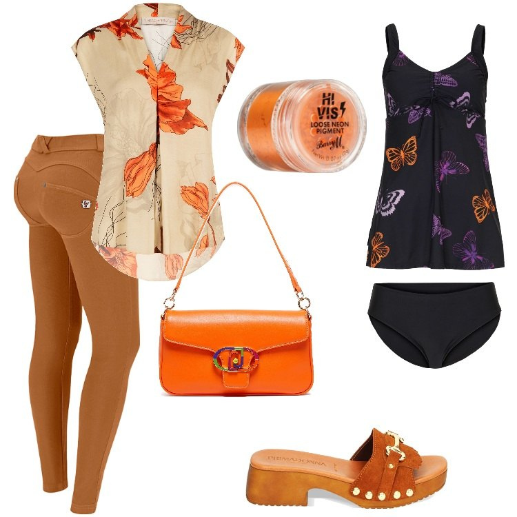 Outfit donna - Total look #1895261. Stile Trendy per Mare. Abbinamento con costumi interi, ombretti, bluse, pantaloni skinny, zoccoli, borse a tracolla.