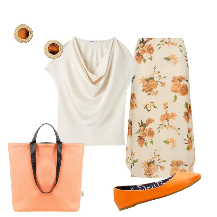 Outfit donna - Total look #1895262. Stile Casual chic per Ufficio. Abbinamento con ballerine, bluse, borse tote, orecchini, gonne longuette.
